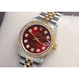 Women's Rolex 31mm Datejust Two Tone Diamond Bezel & Lugs Red Color Dial with Diamonds