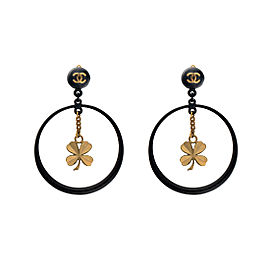 Chanel Gold Tone Hardware Black CC Cutout Drop Clover Hoop Clip On Earrings