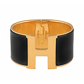 Hermes Black Enamel Gold Tone Clic Clac H Cuff