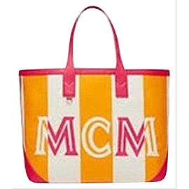 MCM Extra Large Ilse Shopper 4mcm71 Pink X Yellow Canvas Leather Tote
