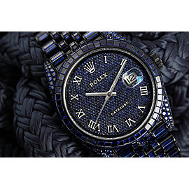 Rolex Mens Datejust 41mm Roman Numerals Custom Black PVD Watch with Sapphires Unique Piece