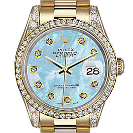 Rolex 31mm Presidential 18kt Gold Baby Blue MOP Mother Of Pearl Diamond Dial Bezel Lugs 68278