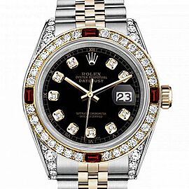 Women's Rolex 31mm Datejust Black Dial Bezel +Lugs + Rubies Two Tone Watch